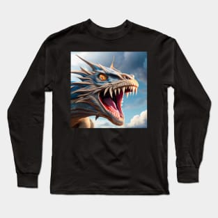 Fierce Blue and White Spikey Dragon Roaring Long Sleeve T-Shirt